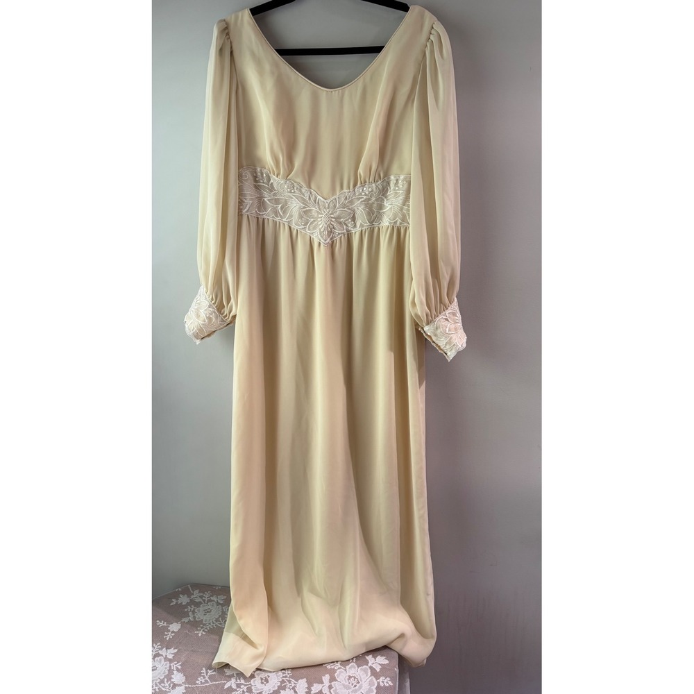 Vintage Empire Waist Maxi Dress Women Cream Good Floral‎ Embroidered Boho 70s